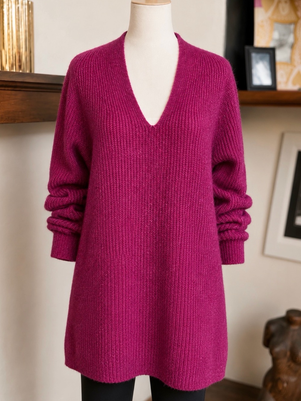Fuschia Berry V-Neck Sweater Tunic | Longline Knit  | Size XS P | Relaxed Fit